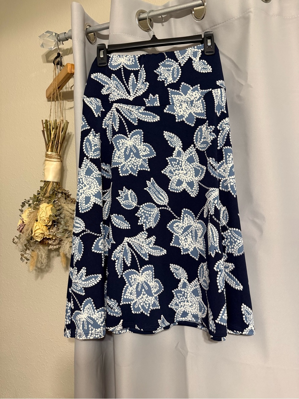 Navy Blue Floral A-Line Midi Skirt